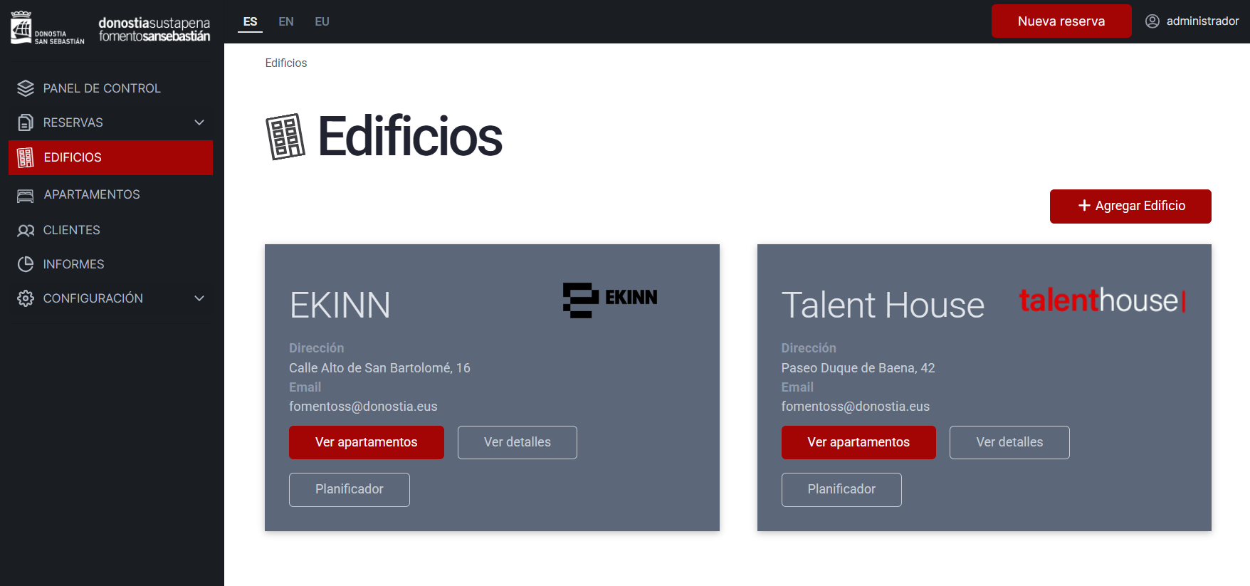 Pantalla de gestión y visualización de edificios