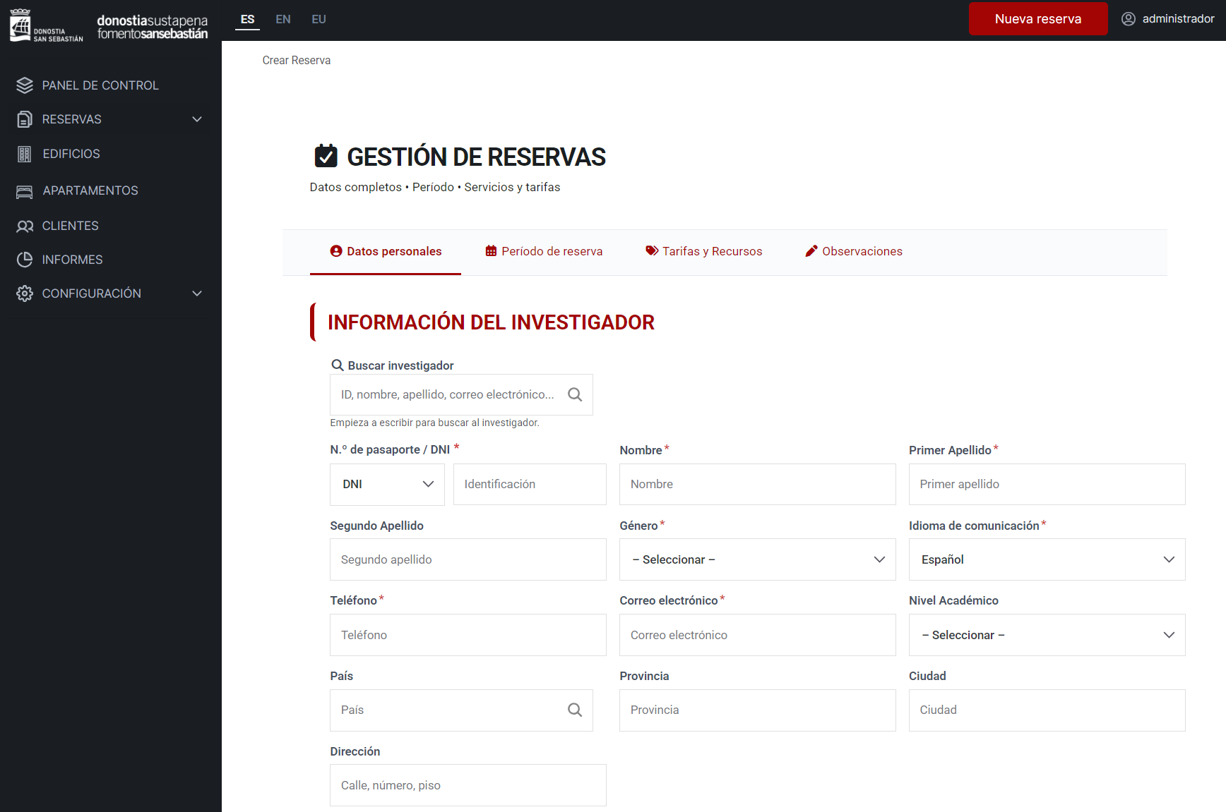 Pantalla detalle de alta de una reserva de apartamento