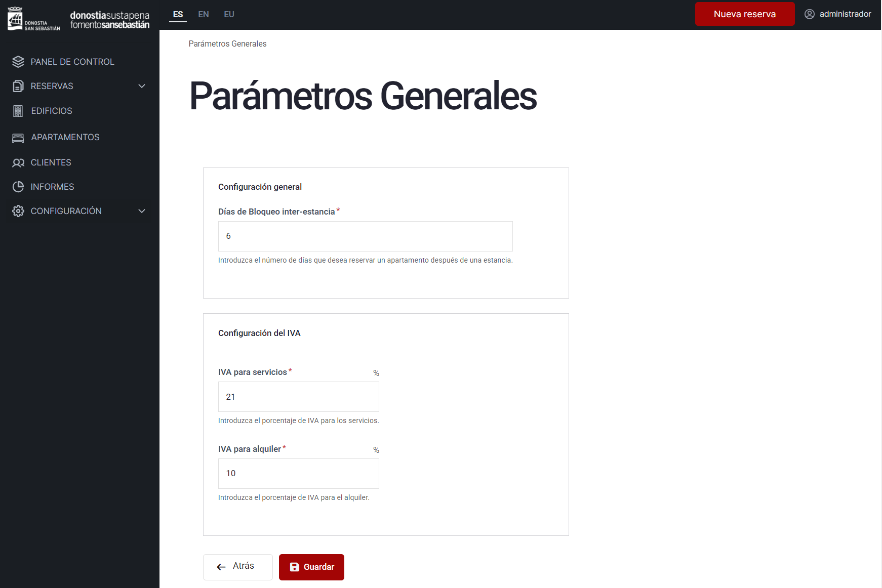 Pantalla configuración general