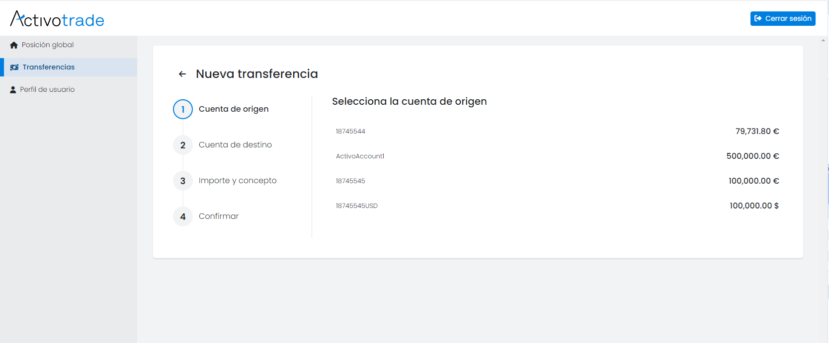 ActivoTrade - Pantalla de nueva transferencia