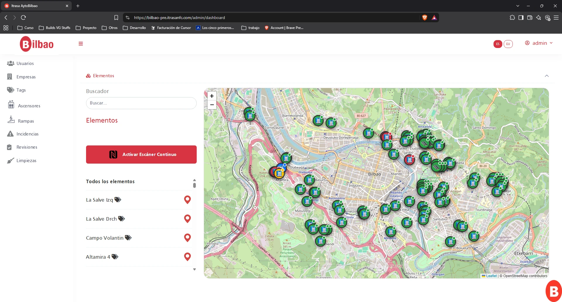 Pantalla de mapa de elementos geolocalizados (Ayuntamiento de Bilbao)