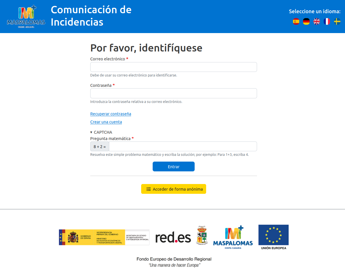 Pantalla de acceso al aplicativo de Comunicación de incidencias