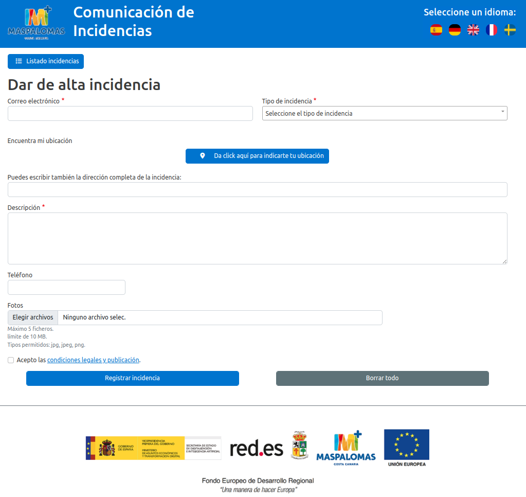Pantalla de alta de una nueva incidencia