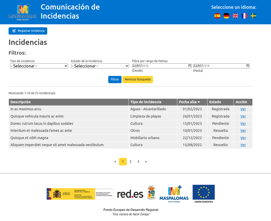 Pantalla de listado de incidencias públicas