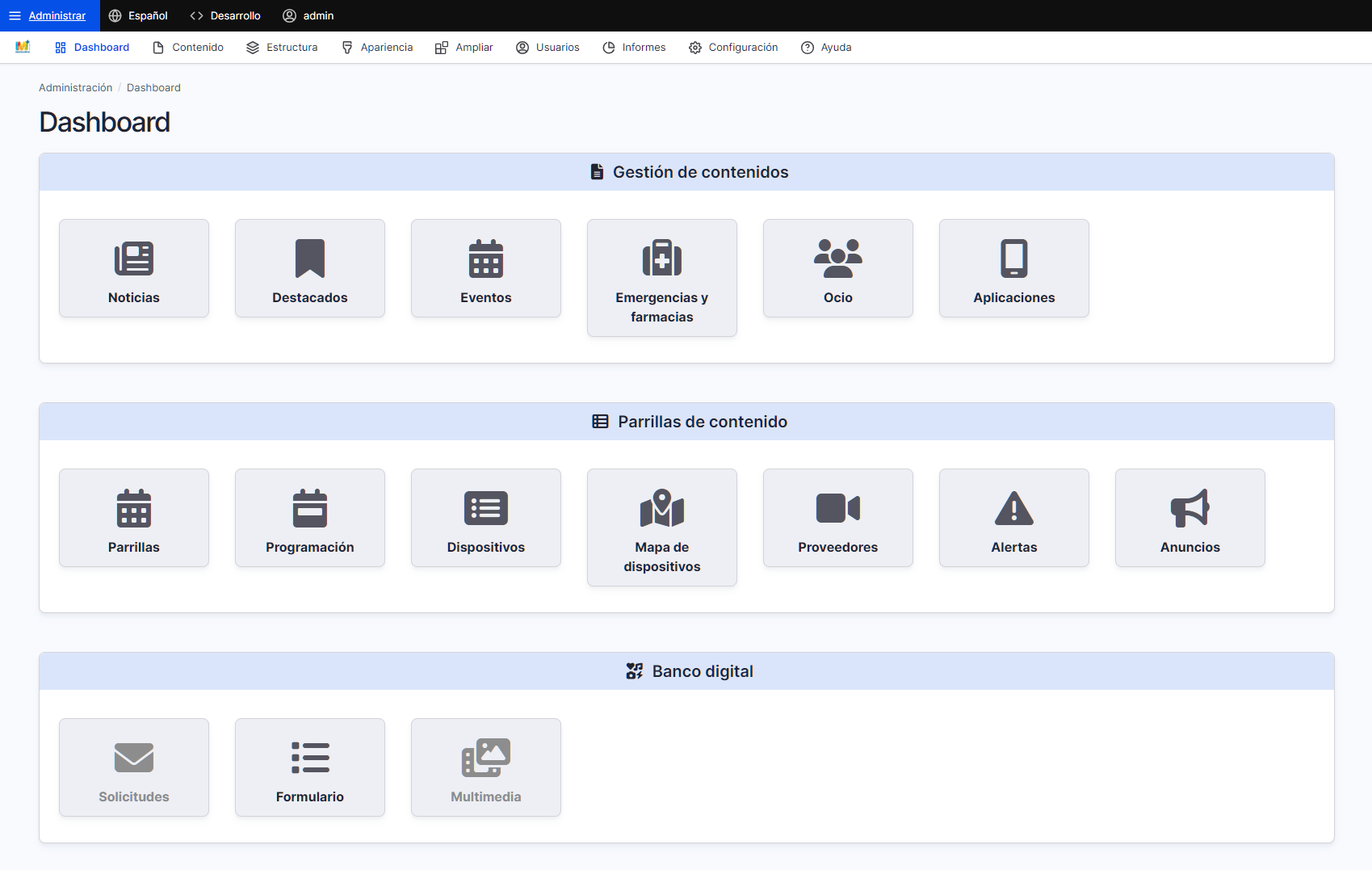 Pantalla Dashboard gestor de contenidos aplicación móvil y dispositivos digitales