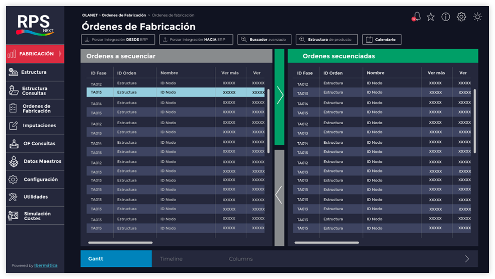 Detalle de pantalla de órdenes de fabricación