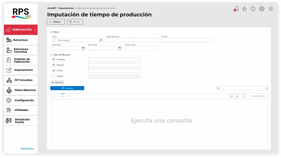 Detalle de pantalla imputación de tiempo de producción