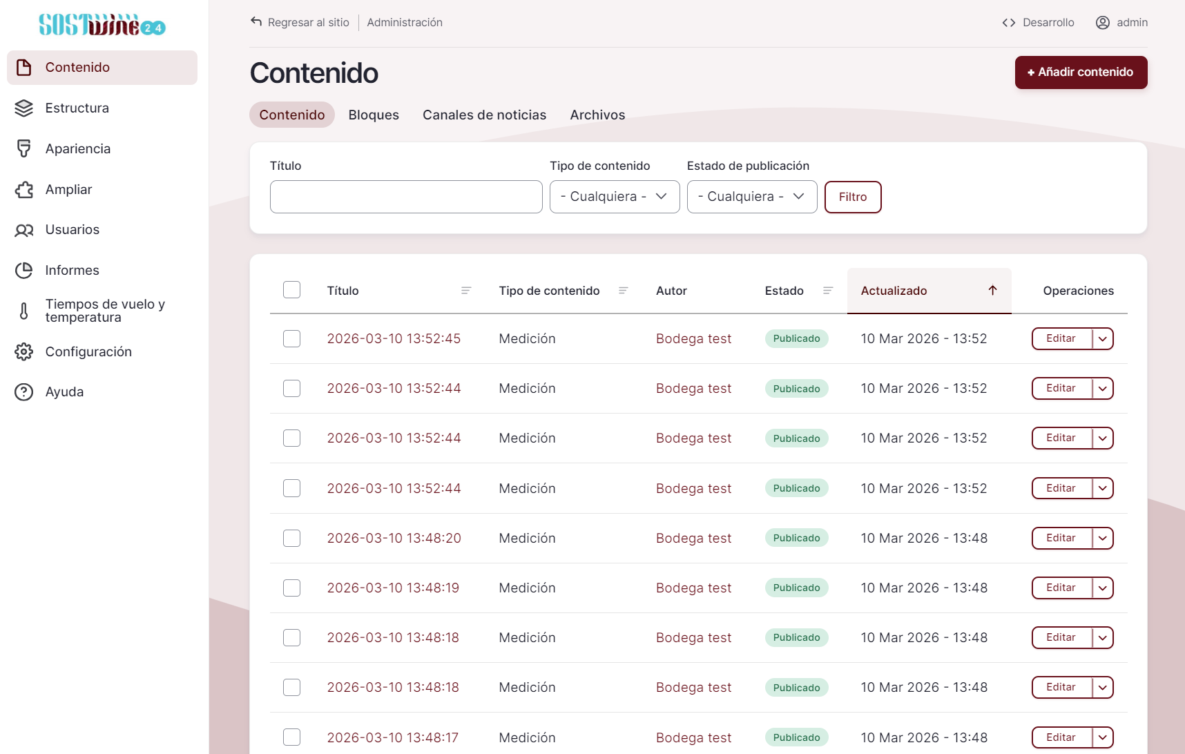 Pantalla detalle de datos de mediciones (sensores)