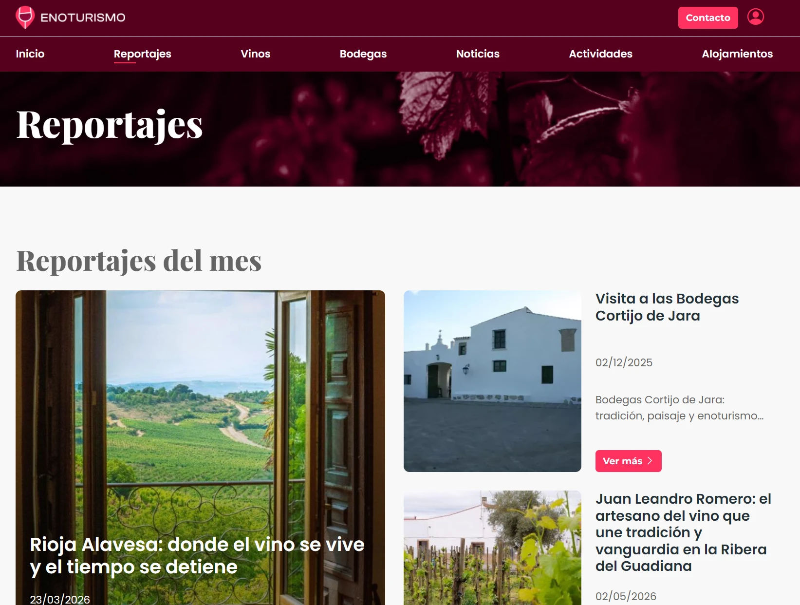 Pantalla de reportajes de enoturismo