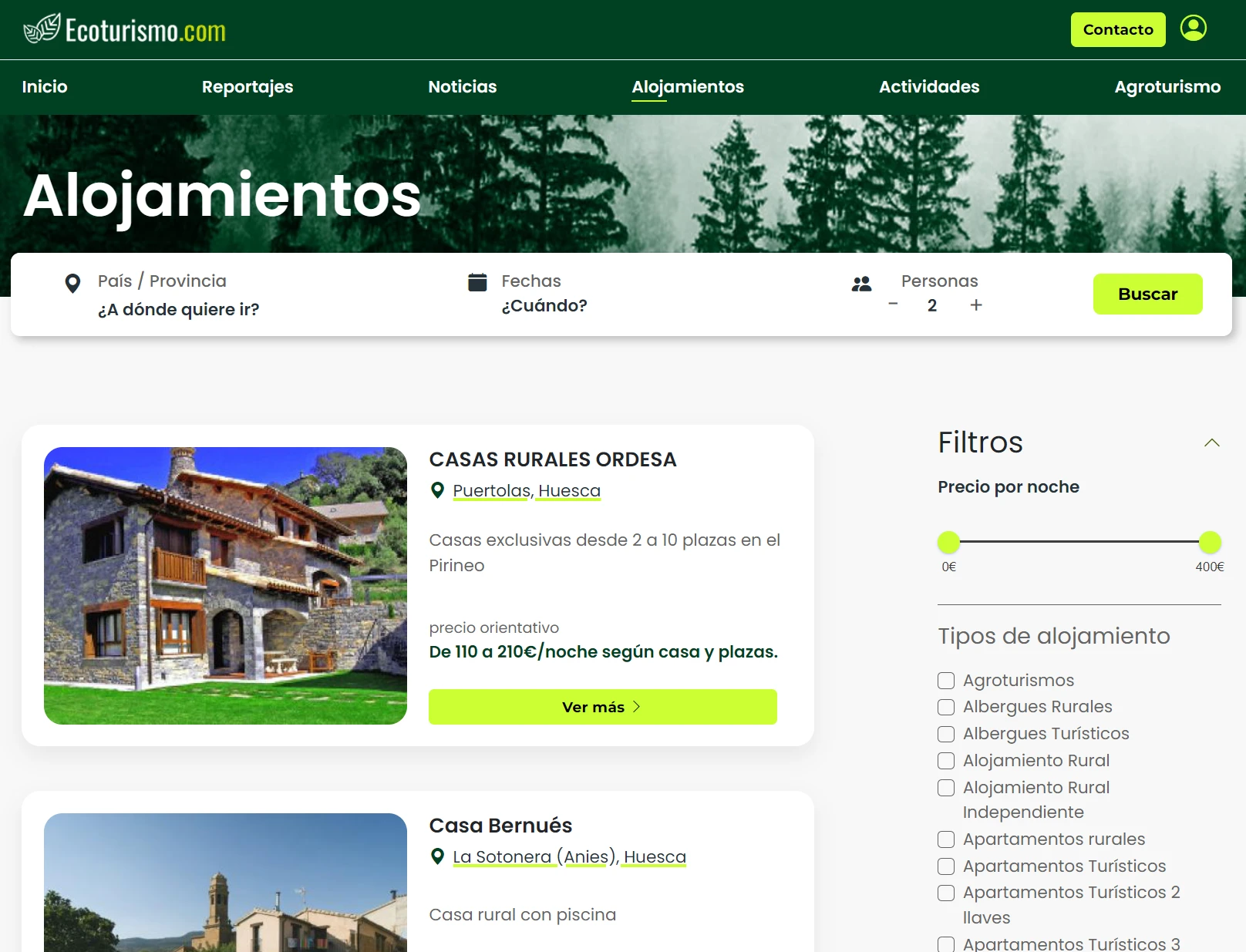 Pantalla de alojamientos de Ecoturismo