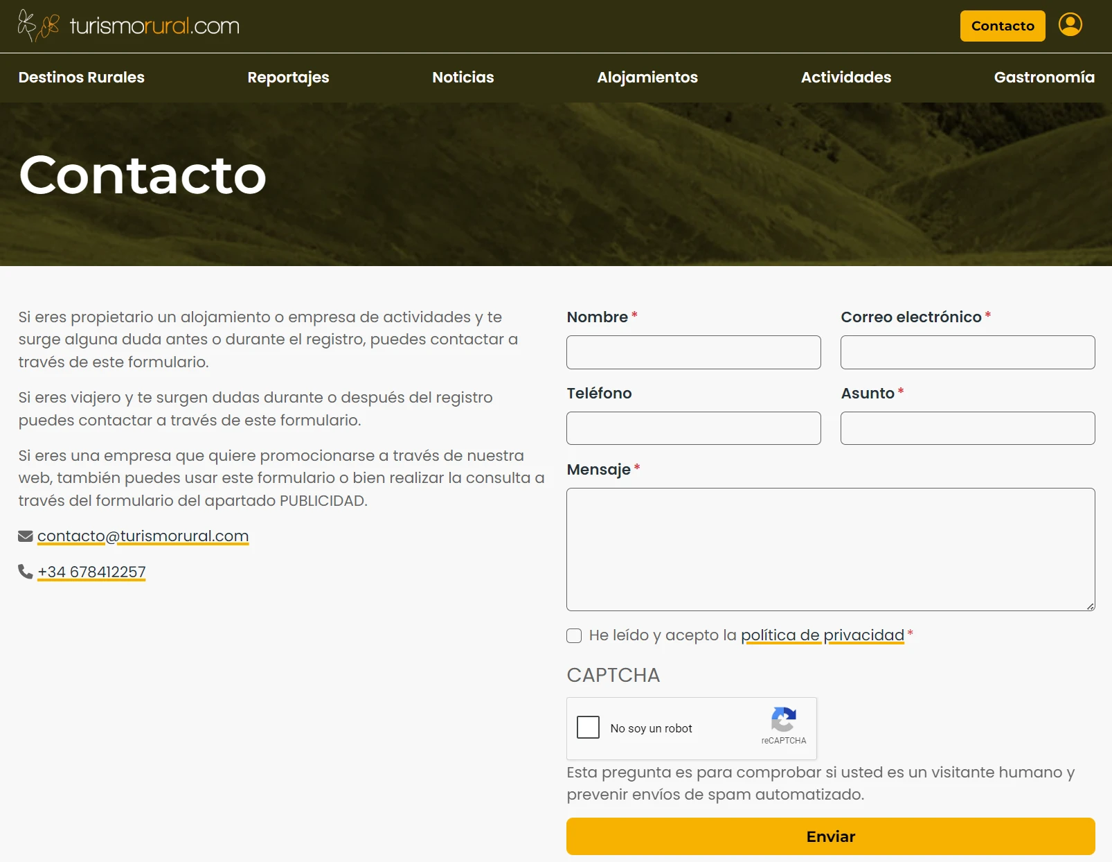 Pantalla contacto de Turismorural