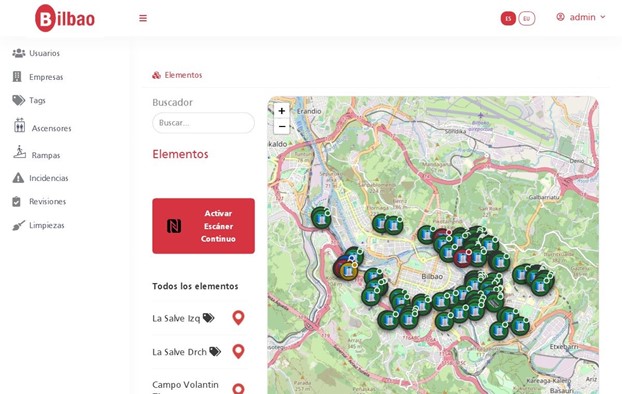 Panel principal: mapa de ascensores y rampas de Bilbao sobre OpenStreetMap, buscador de elementos y activación del escáner NFC continuo