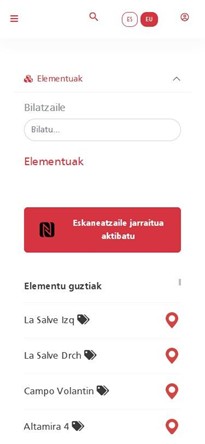 Vista móvil para el operario en campo, en euskera: escaneo NFC y acceso directo a cada ascensor desde el propio dispositivo.