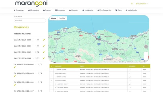Mapa de revisiones y elementos con Google Maps, y tabla de seguimiento con número de elementos revisados y KPI de cumplimiento