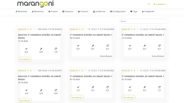 Cuadro de mando de revisiones: cada inspección por tramo y punto kilométrico, con su avance (conformes / a reparar / a retirar), acceso al informe PDF y cierre de la revisión.