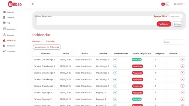 Gestión de incidencias registradas en campo, con observaciones, imágenes asociadas y seguimiento de su estado (pendiente / revisada).