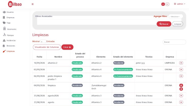 Módulo de Limpieza: histórico de visitas por ascensor con estado del proceso, estado del elemento, técnico y empresa adjudicataria.