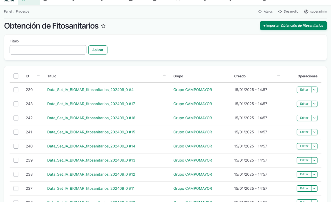 Pantalla de resultados de procesos