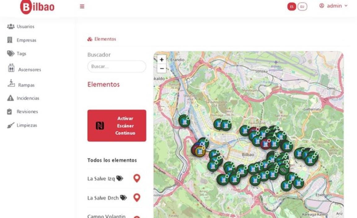 Panel principal: mapa de ascensores y rampas de Bilbao sobre OpenStreetMap, buscador de elementos y activación del escáner NFC continuo