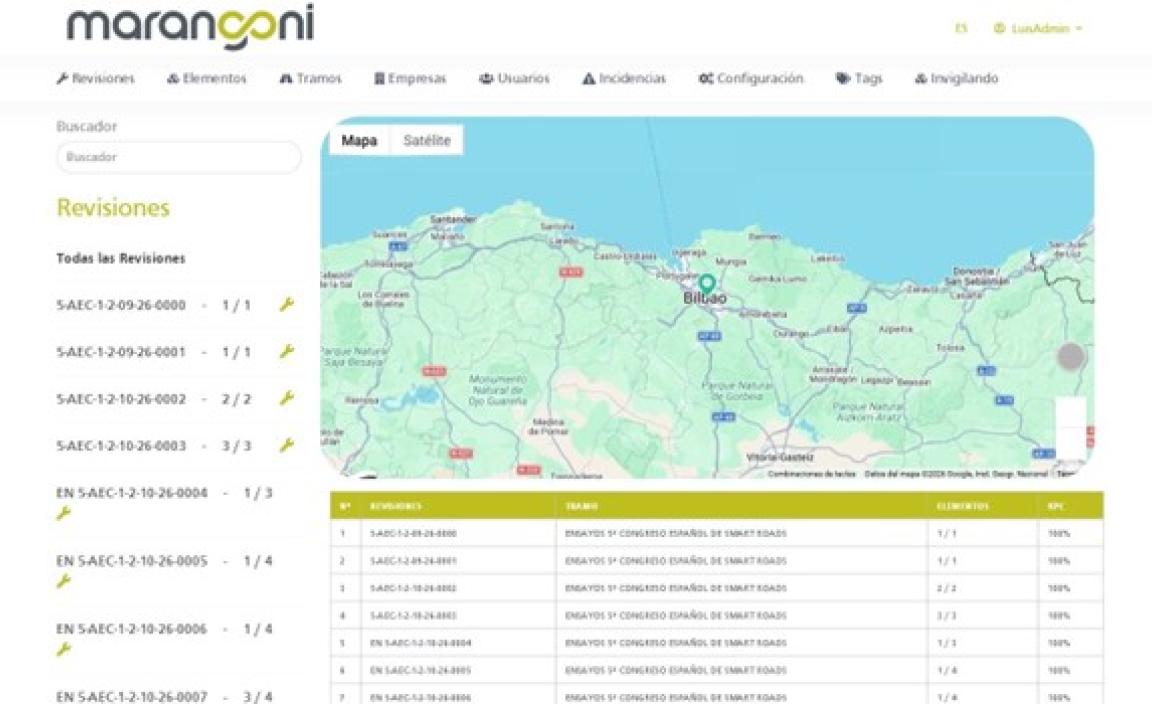 Mapa de revisiones y elementos con Google Maps, y tabla de seguimiento con número de elementos revisados y KPI de cumplimiento