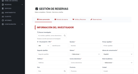 Pantalla detalle de alta de una reserva de apartamento