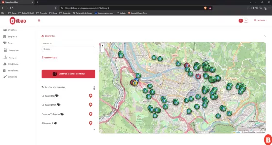Pantalla de mapa de elementos geolocalizados (Ayuntamiento de Bilbao)