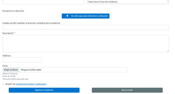 Pantalla de alta de una nueva incidencia