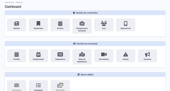Pantalla Dashboard gestor de contenidos aplicación móvil y dispositivos digitales