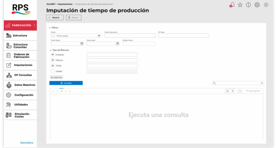 Detalle de pantalla imputación de tiempo de producción
