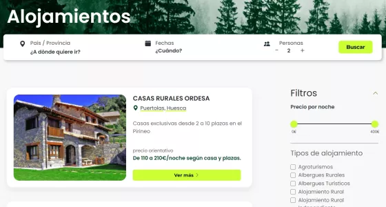 Pantalla de alojamientos de Ecoturismo
