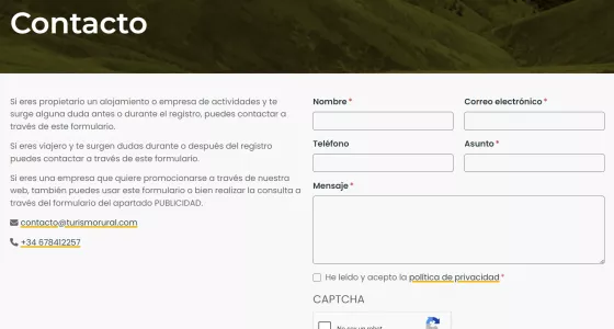 Pantalla contacto de Turismorural