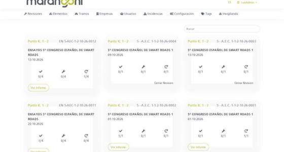 Cuadro de mando de revisiones: cada inspección por tramo y punto kilométrico, con su avance (conformes / a reparar / a retirar), acceso al informe PDF y cierre de la revisión.
