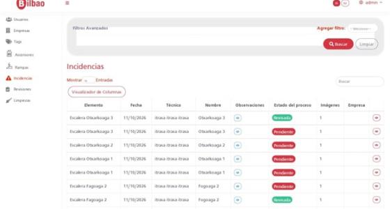 Gestión de incidencias registradas en campo, con observaciones, imágenes asociadas y seguimiento de su estado (pendiente / revisada).